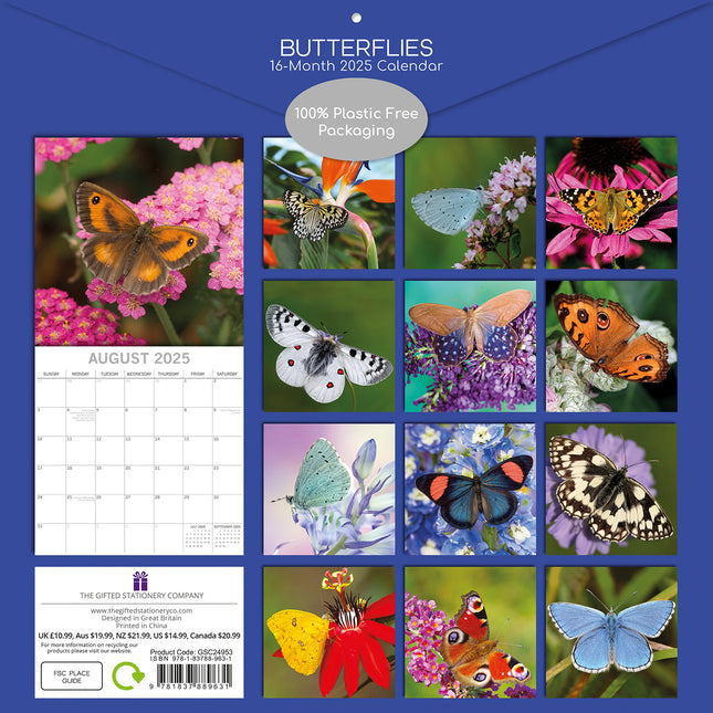 Butterflies - 2025 Square Wall Calendar Pets Animals 16 Months Premium Planner