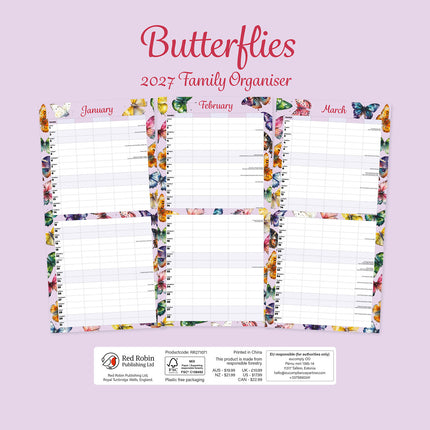 Butterflies Home Organiser 2027 square wall calendar - back cover