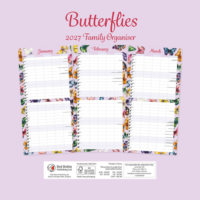 Butterflies Home Organiser 2027 square wall calendar - back cover