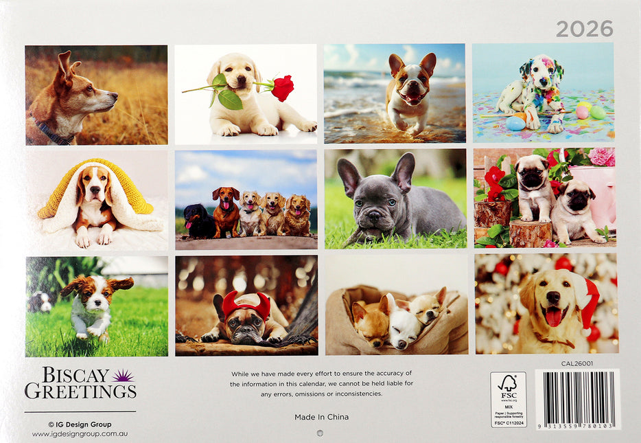 Dogs And Puppies - 2026 Rectangle Wall Calendar 16 Months Hanging Animal Planner