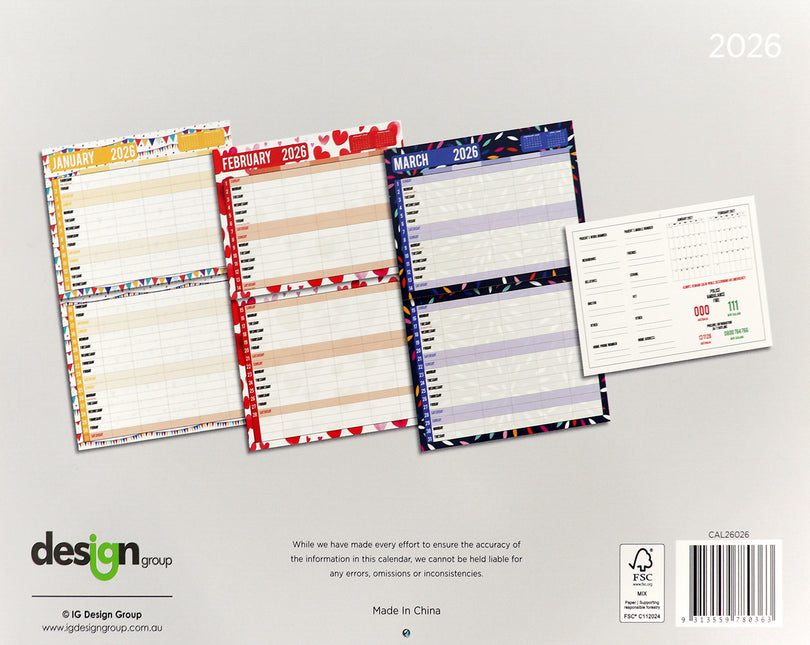 2026 Family Organiser Rectangle Wall Calendar 14 Months Hanging Planner New Year