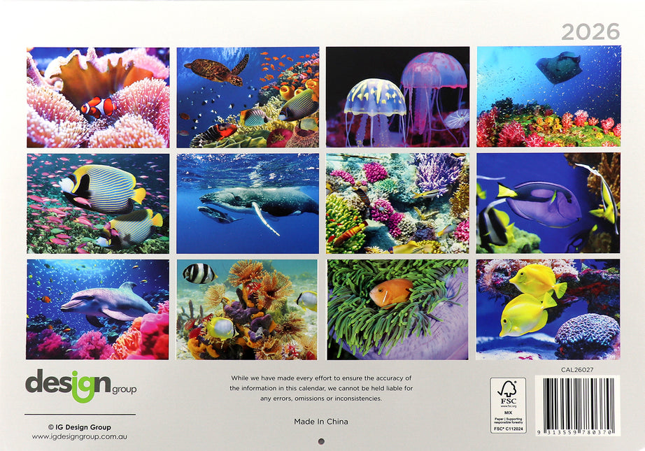 Ocean Animals - 2026 Rectangle Wall Calendar 16 Months Hanging Planner New Year