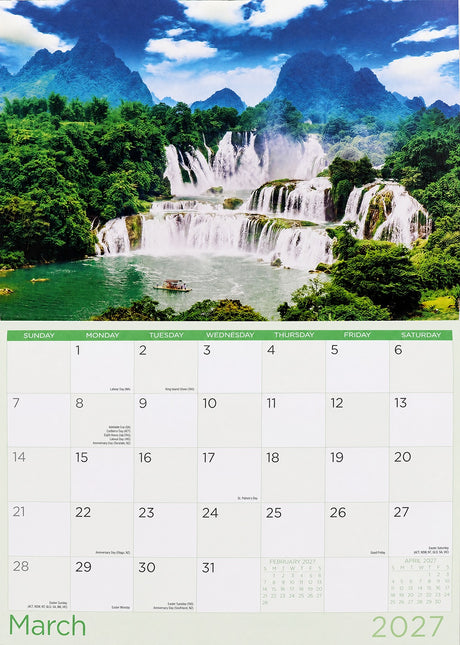 Waterfalls - 2027 Rectangle Wall Calendar 16 Months Scenic Nature Views Planner