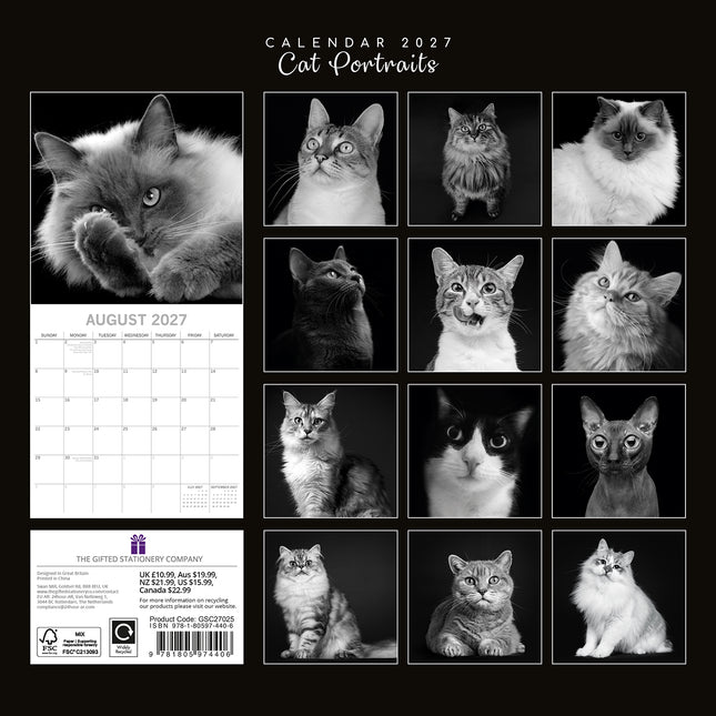 Cat Portraits 2027 Premium Square Wall Calendar back cover
