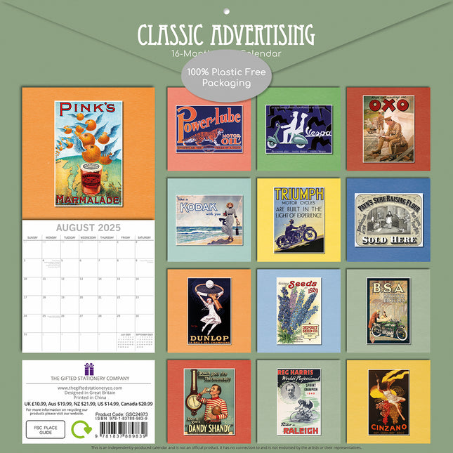 Classic Advertising - 2025 Square Wall Calendar Arts 16 Months Premium Planner