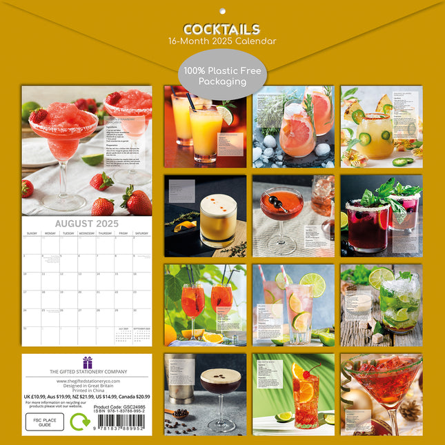 Cocktails 2025 Square Wall Calendar Food 16-Month Christmas Premium Planner Gift