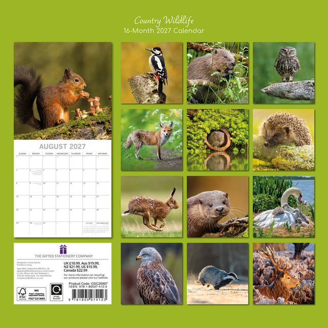 Country Wildlife 2027 Square Wall Calendar back cover