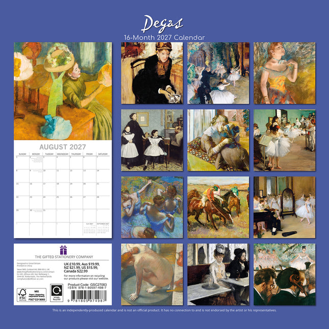 Degas 2027 Premium Square Wall Calendar back cover