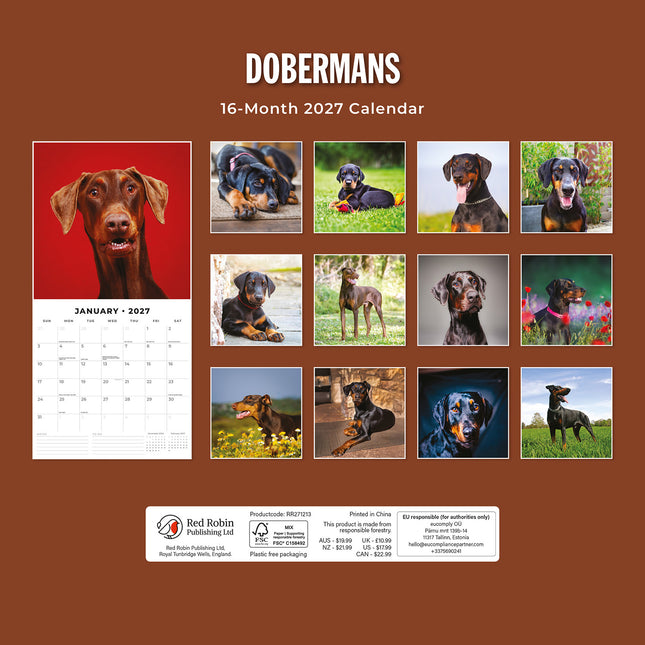 Dobermans 2027 square wall calendar - back cover