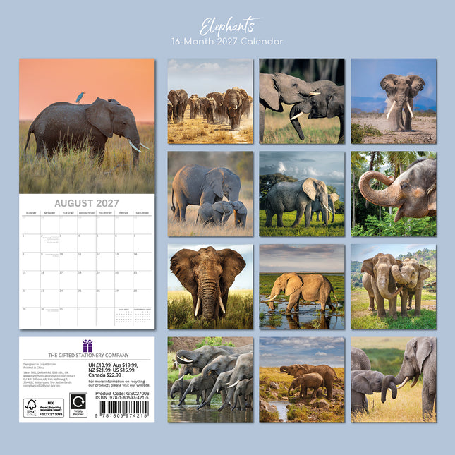 Elephants 2027 Square Wall Calendar back cover