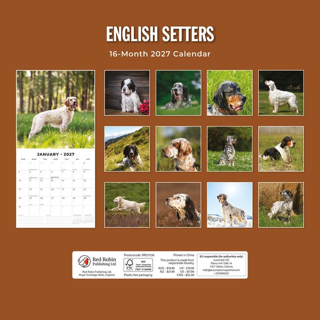 English Setters 2027 square wall calendar - back cover