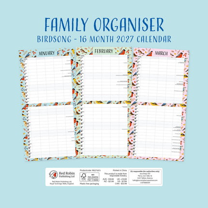 Birdsong Family Home Organiser 2027 square wall calendar - back cover