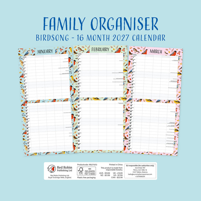 Birdsong Family Home Organiser 2027 square wall calendar - back cover