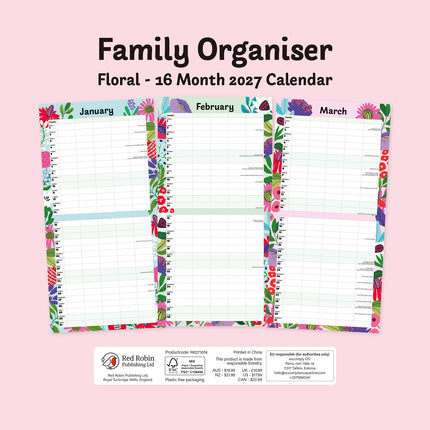 Family Organiser - Floral 2027 square wall calendar - back cover