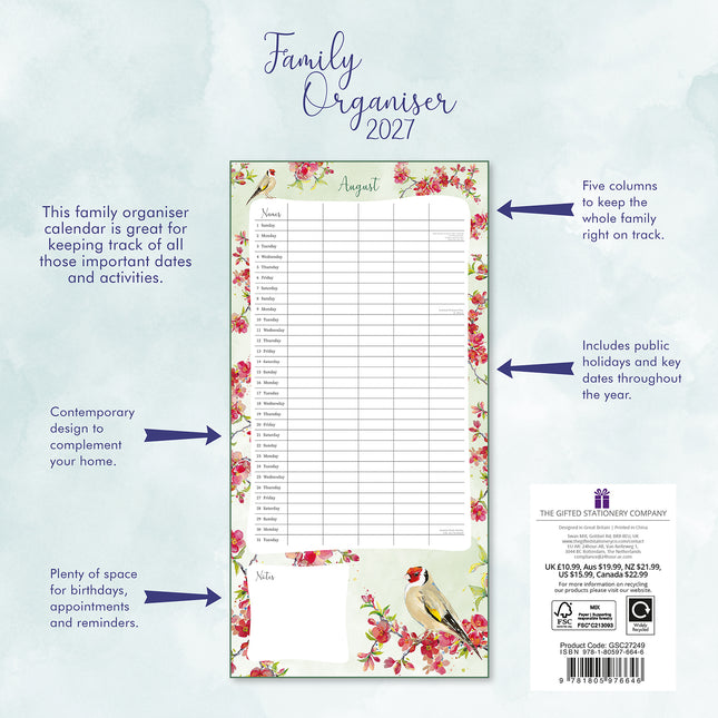 Birdsong Family Organiser 2027 Premium Square Wall Calendar back cover