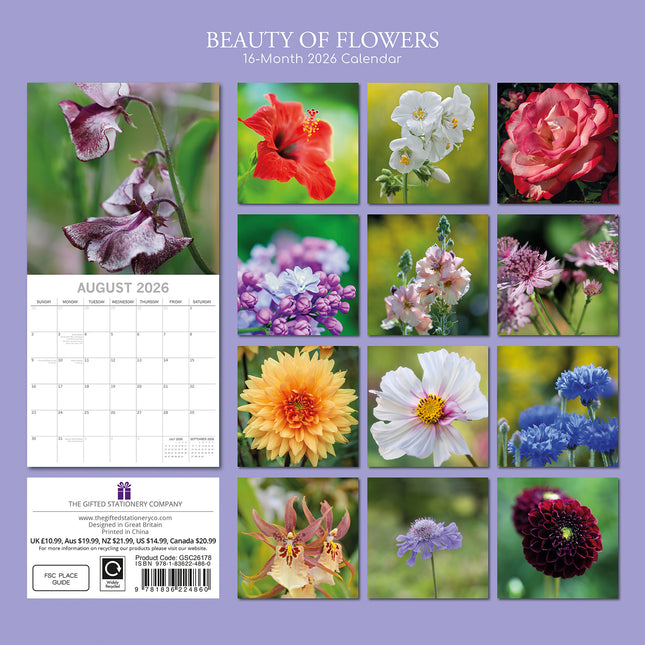 Beauty of Flowers 2026 Square Wall Calendar 16 Months Floral Plants Planner Gift