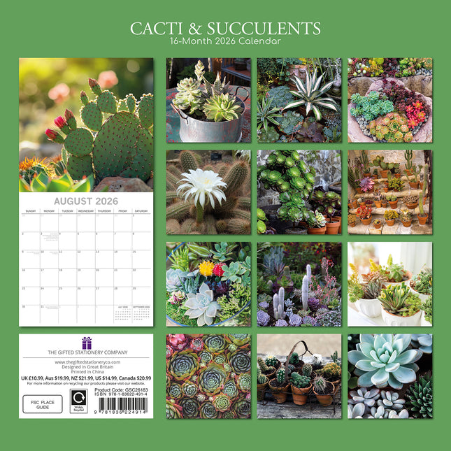 Cacti & Succulents 2026 Square Wall Calendar 16 Month Floral Flower Planner Gift