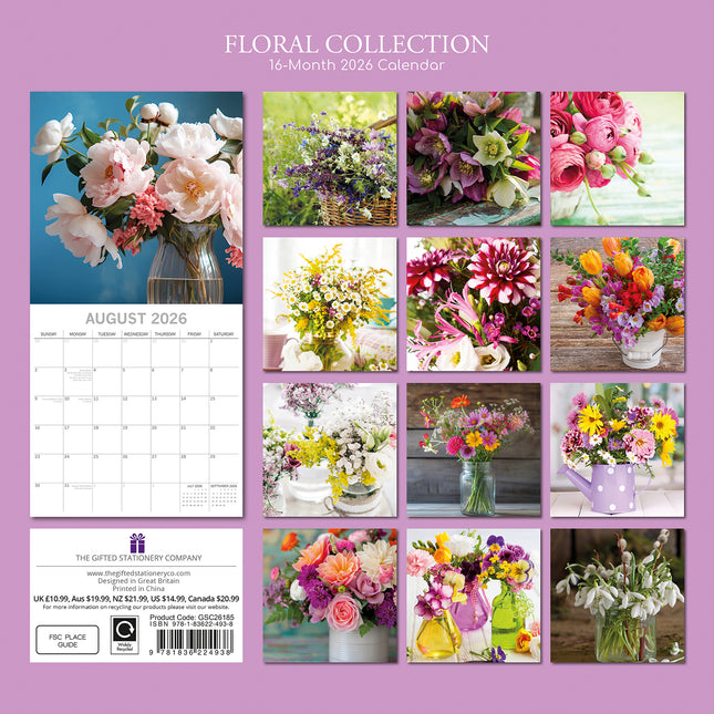 Floral Collection 2026 Square Wall Calendar 16 Months Flower Plants Planner Gift