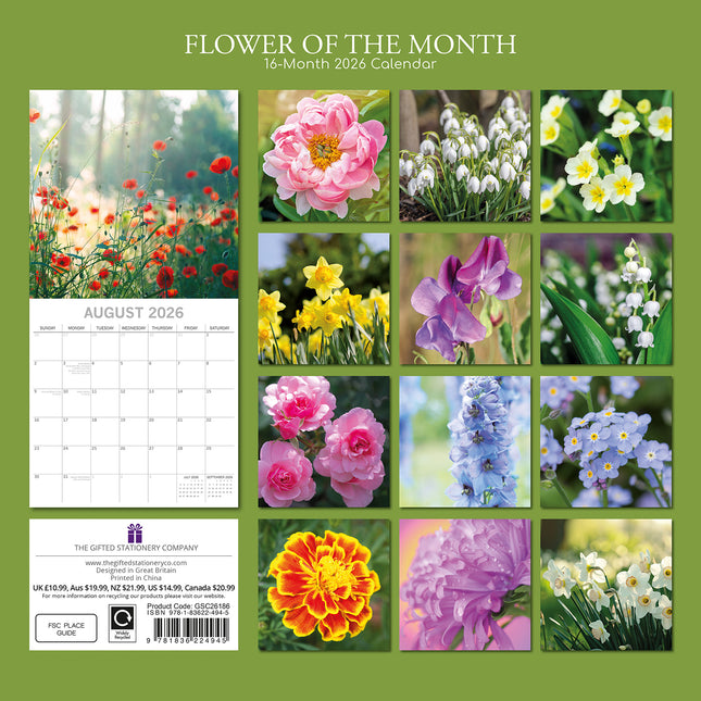 Flower of the Months - 2026 Square Wall Calendar 16 Months Floral Plants Planner