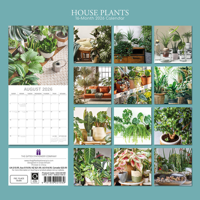 House Plants 2026 Square Wall Calendar 16 Months Floral Flower Planner Home Gift
