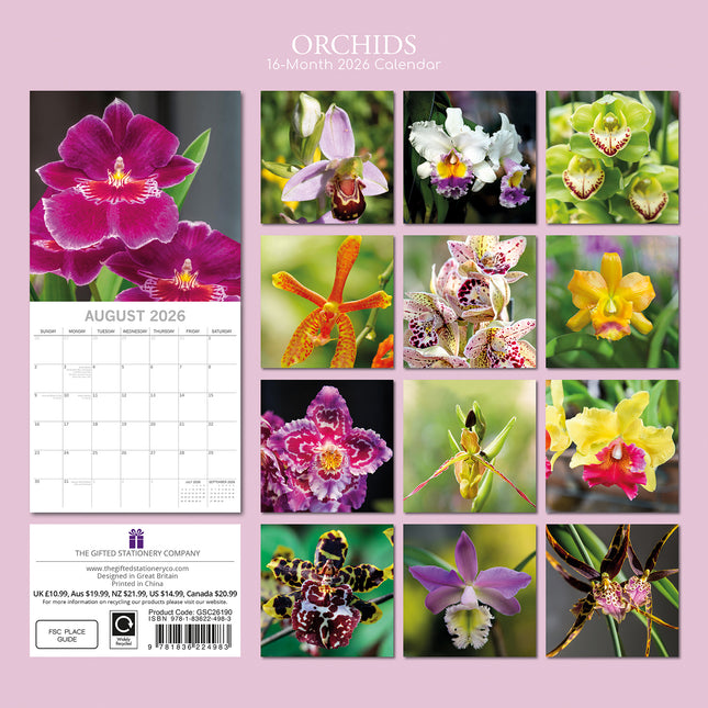 Orchids - 2026 Square Wall Calendar 16 Month Floral Flower Planner New Year Gift
