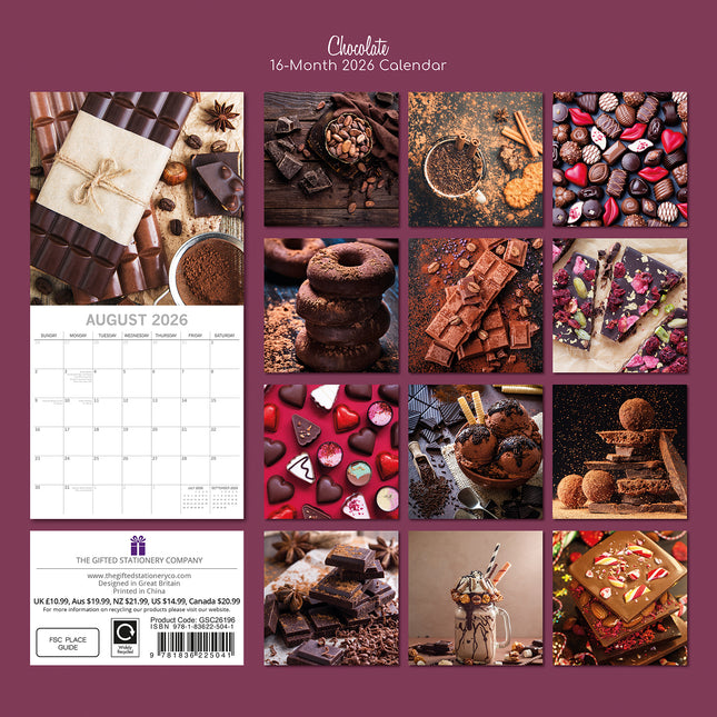 Chocolate - 2026 Square Wall Calendar 16 Months Food Planner Home Kitchen Gift