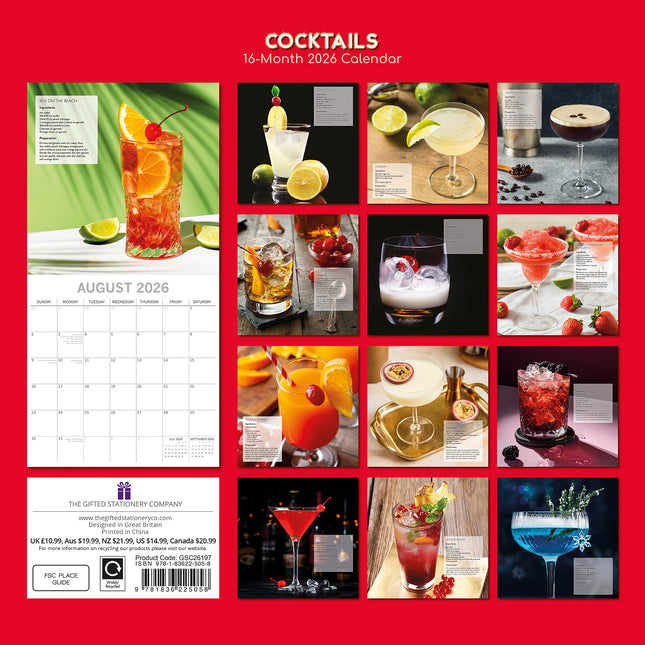 Cocktails - 2026 Square Wall Calendar 16 Months Wine Drink Planner New Year Gift