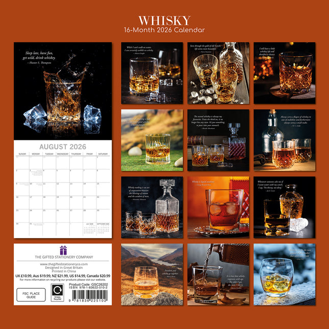 Whisky - 2026 Square Wall Calendar 16 Month Food Planner Christmas New Year Gift