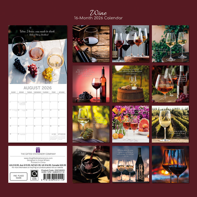 Wine - 2026 Square Wall Calendar 16 Months Food Planner Christmas New Year Gift