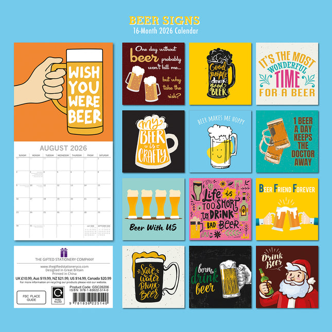 Beer - 2026 Square Wall Calendar 16 Months Funny Planner Christmas New Year Gift