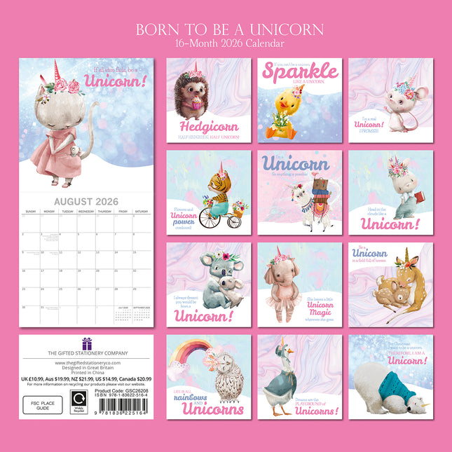 Born to be a Unicorn - 2026 Square Wall Calendar 16 Month Funny Planner New Gift