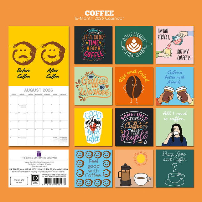 Coffee - 2026 Square Wall Calendar 16 Months Fun Planner Christmas New Year Gift