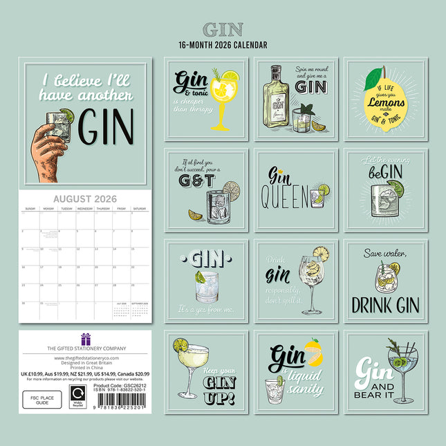 Gin - 2026 Square Wall Calendar 16 Months Funny Planner Christmas New Year Gift