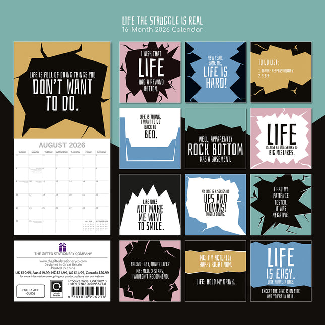 Life The Struggle is Real - 2026 Square Wall Calendar 16 Month Fun Planner Gift