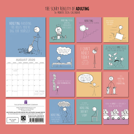 The Scary Reality of Adulting - 2026 Square Wall Calendar 16 Month Funny Planner
