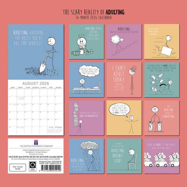 The Scary Reality of Adulting - 2026 Square Wall Calendar 16 Month Funny Planner