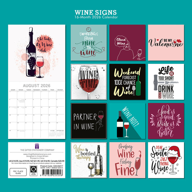Wine Signs - 2026 Square Wall Calendar 16 Month Funny Planner Xmas New Year Gift