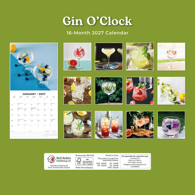 Gin O'clock 2027 square wall calendar - back cover
