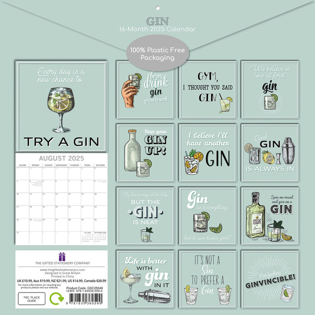 Gin - 2025 Square Wall Calendar 16-Month Premium Planner Christmas New Year Gift