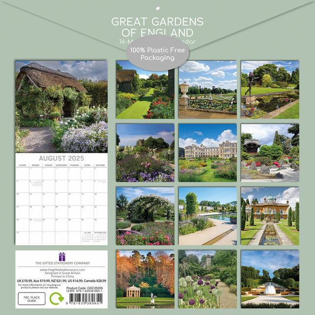 Great Gardens of England 2025 Square Wall Calendar 16Month New Year Planner Gift