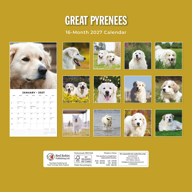 Great Pyrenees 2027 square wall calendar - back cover