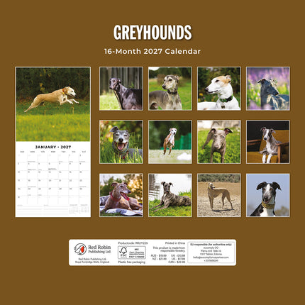 Greyhounds 2027 square wall calendar - back cover