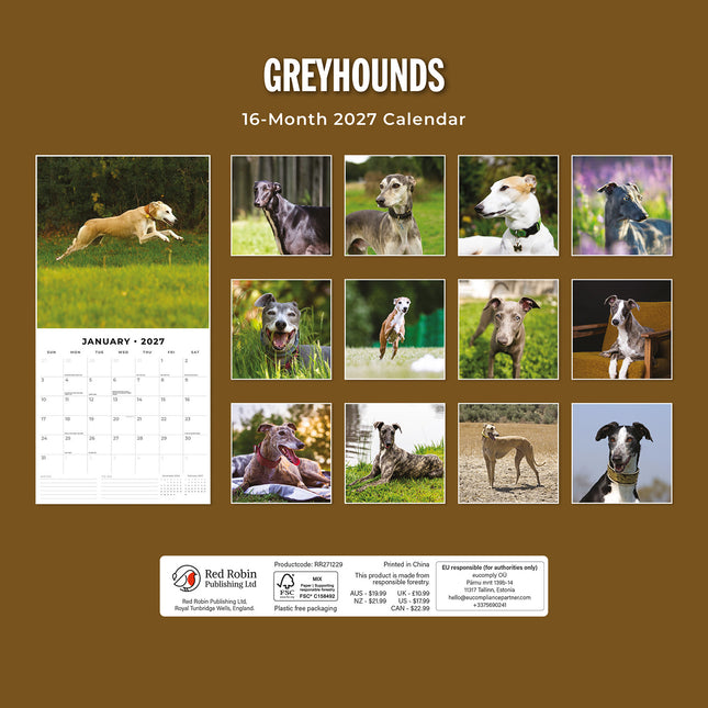 Greyhounds 2027 square wall calendar - back cover
