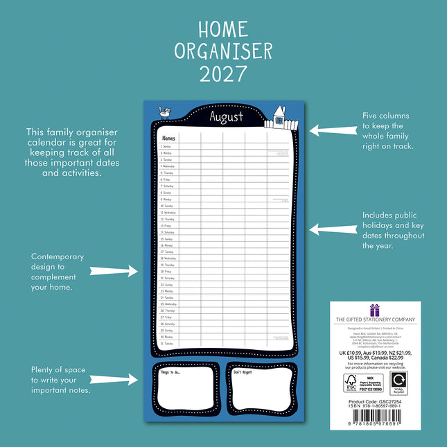 Home Organiser 2027 Premium Square Wall Calendar back cover