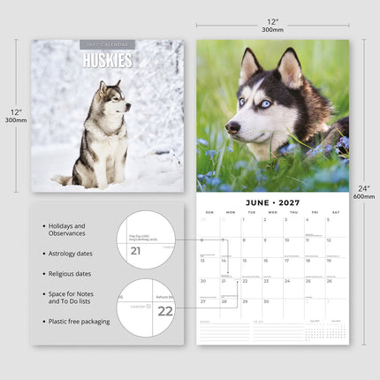 Huskies 2027 square wall calendar - product specifications