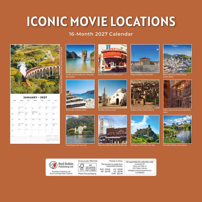 Iconic Movie Locations 2027 square wall calendar - back cover