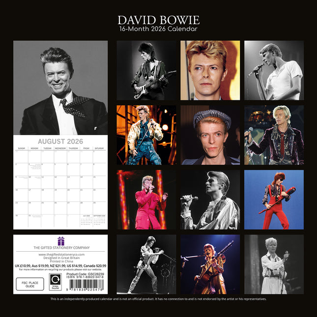 David Bowie - 2026 Square Wall Calendar 16 Month Planner Christmas New Year Gift