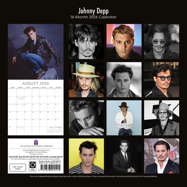 Johnny Depp - 2026 Square Wall Calendar 16 Month Planner Christmas New Year Gift