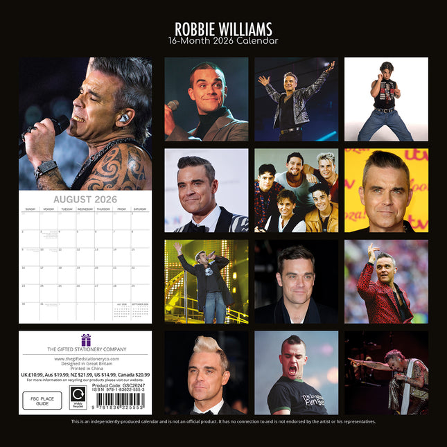 Robbie Williams - 2026 Square Wall Calendar 16 Months Planner Xmas New Year Gift