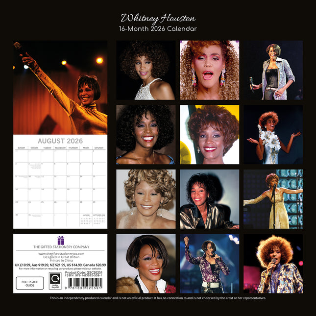 Whitney Houston - 2026 Square Wall Calendar 16 Months Planner Xmas New Year Gift